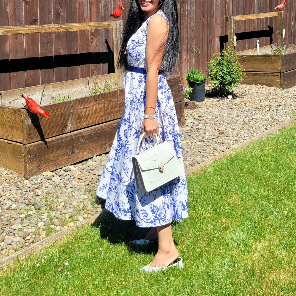 J. PetermanFloral Blue and White Midi Dress